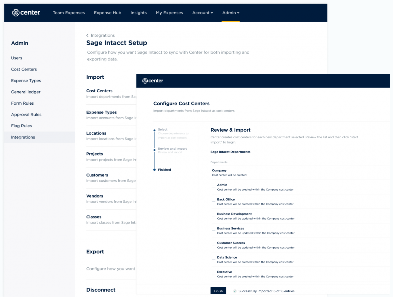 center expense management integrates with sage intacct